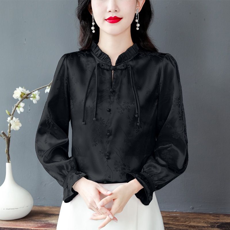 New Chinese-Style Traditional Chinese Top, Spring Black Fungus Edge Button-Up Long-Sleeved T-Shirt, Design Sense, Niche_ecoleips.com