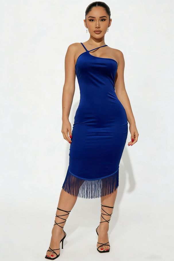 Sophisticated Halter Neck Fringe Bodycon Midi Dress For Women, Elegant Tube Top Bodycon Dress With Bohemian Fringes For Party, Date Night, Club_ecoleips.com