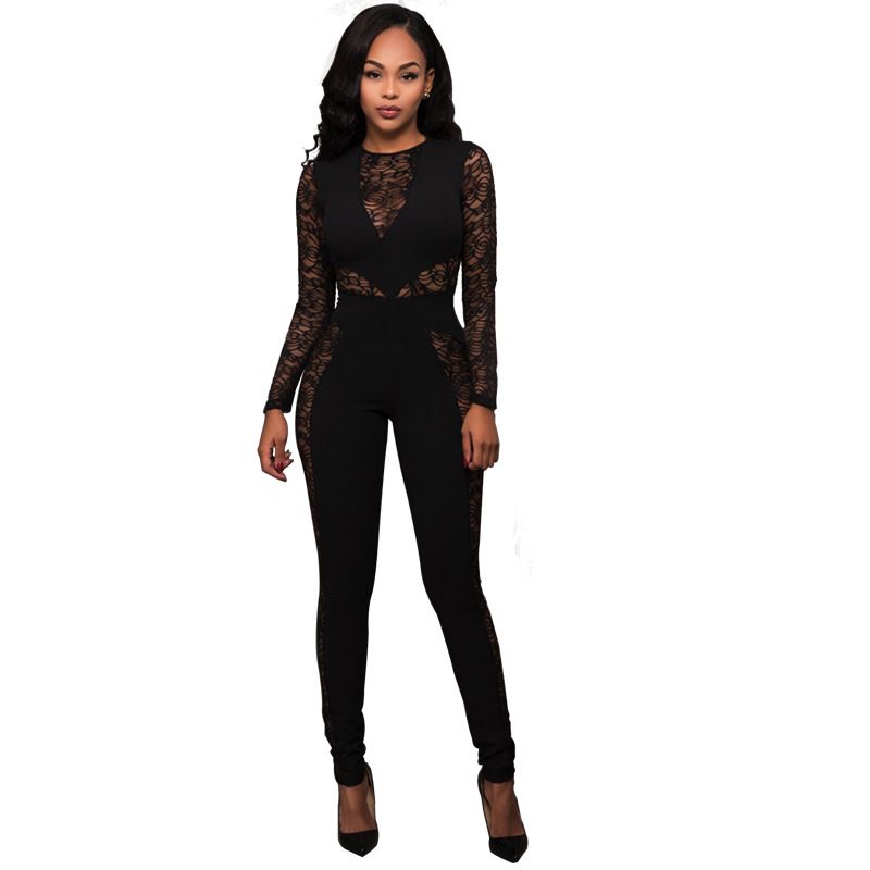 Lace Bodysuit Jumpsuit – Long Sleeve High-Waisted Lace Romper For Women (S-XL, Polyester, Sexy Lace Design, Tight Fit, Party Wear)_ecoleips.com