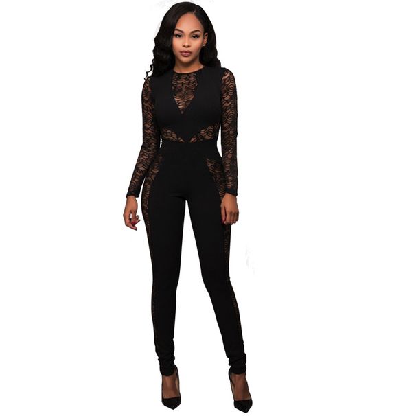 Lace Bodysuit Jumpsuit – Long Sleeve High-Waisted Lace Romper For Women (S-XL, Polyester, Sexy Lace Design, Tight Fit, Party Wear)_ecoleips.com