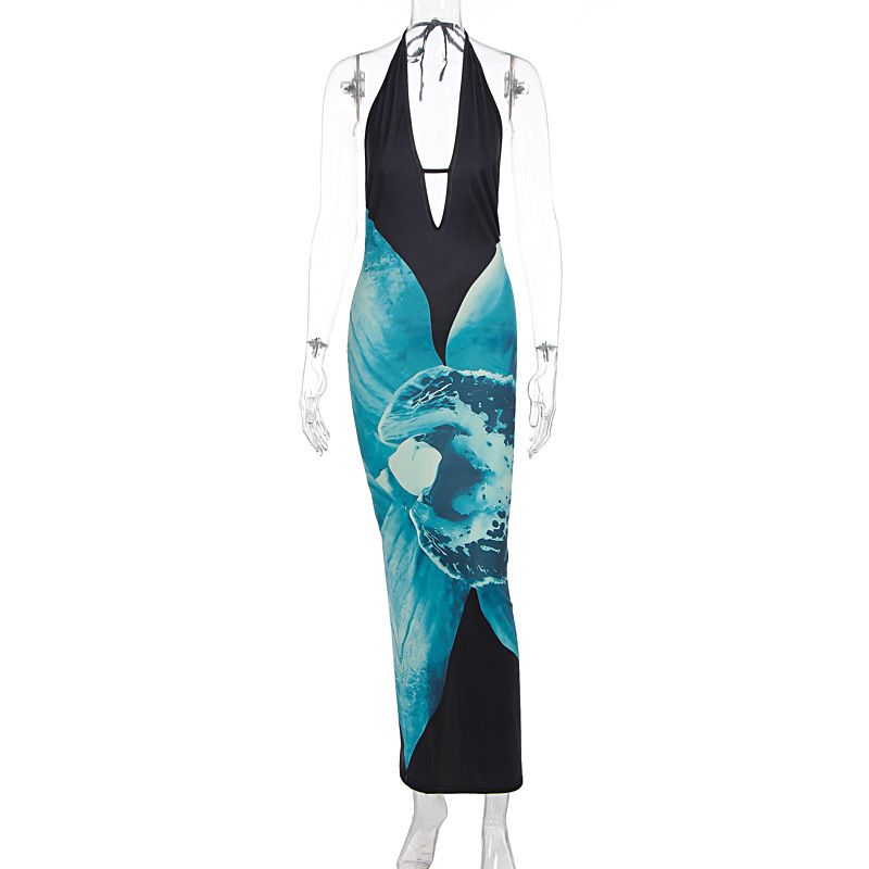 Summer Sexy Spicy Girl Sleeveless Halter Printed Backless Bodycon Suspender Print Dress For Women Summer Outing Dating_ecoleips.com