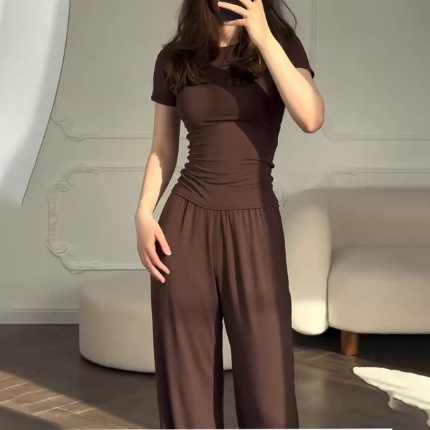 European And American Style Women's Clothing 2026 Spring New Fashion Round Neck Slim Casual Versatile Loose Stretch Wide Leg Pants Suit_ecoleips.com