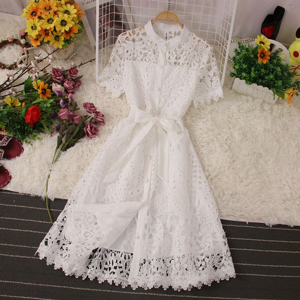 Bohemian Floral Lace Dress – Vintage Short Sleeve A-Line Midi Dress (White/Red/Black, L-XL)_ecoleips.com