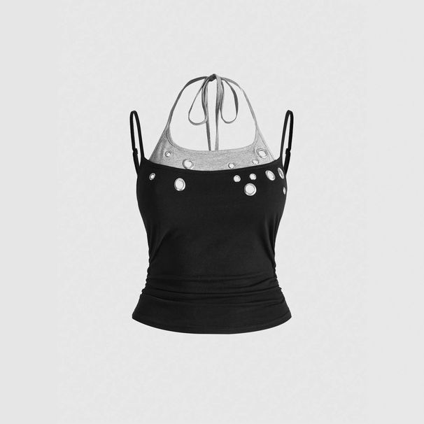 Women's Faux Two Piece Tie Waist Metallic Vest Summer Top Y2K Fashion Street Style European American New Accessory_ecoleips.com