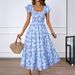 2024 Cross-Border European And American Summer Women's Casual Square-Neck Printed Pleated Ruffle-Sleeve Dress, Flowing_ecoleips.com