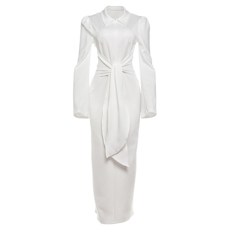 Women's Clothing Women's Elegant Long Sleeve Dress Style Solid Color Lapel Slim Fit Zipper Waist Tie Autumn_ecoleips.com