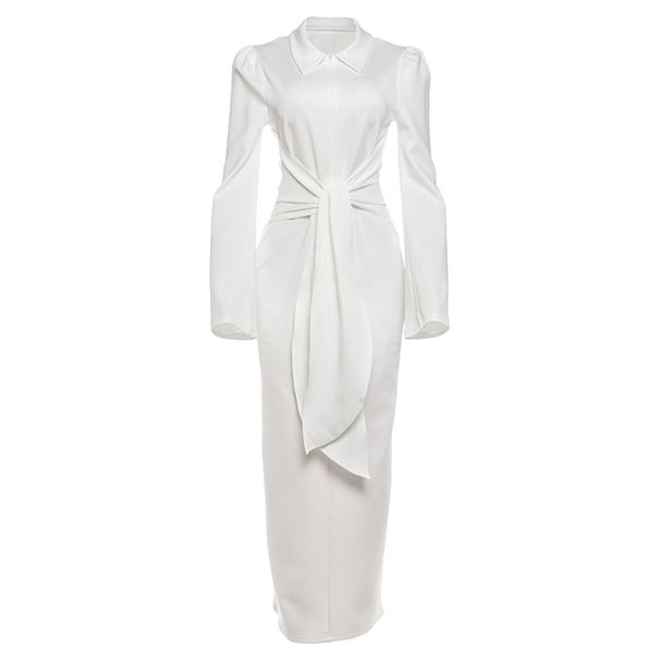Women's Clothing Women's Elegant Long Sleeve Dress Style Solid Color Lapel Slim Fit Zipper Waist Tie Autumn_ecoleips.com