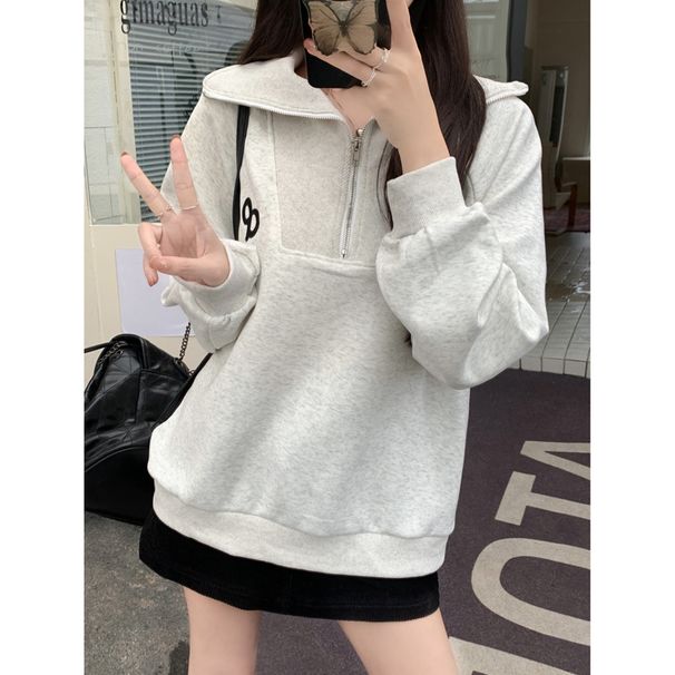 Real Shot Of Foreign Trade Women's Half-zip Polo Collar Long-sleeve Sweatshirt, Spring And Autumn Thin Loose-fitting_ecoleips.com