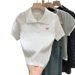Women's Polo Collar Knit Top Short Sleeve Cropped Shirt Bow Embroidery Button Detail_ecoleips.com