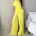 European And American Autumn New Yellow Knitted Ribbed Loose Comfortable Short Sleeve Long Pants Pajama Set_ecoleips.com