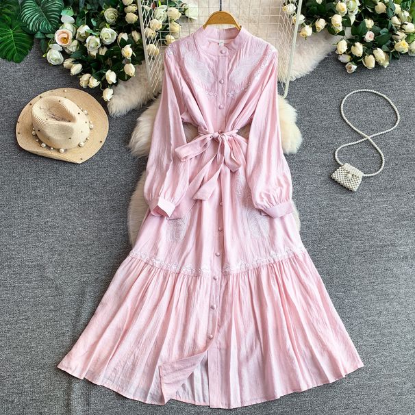 Women's French Retro Embroidered Dress Stand up Collar Waist Slimming Knee Length Elegant for Commuting Summer 2026_ecoleips.com