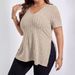 2026 Spring/Summer New Solid Color Plus Size Women's Top V-Neck Ribbed Short Sleeve Slit Pullover_ecoleips.com
