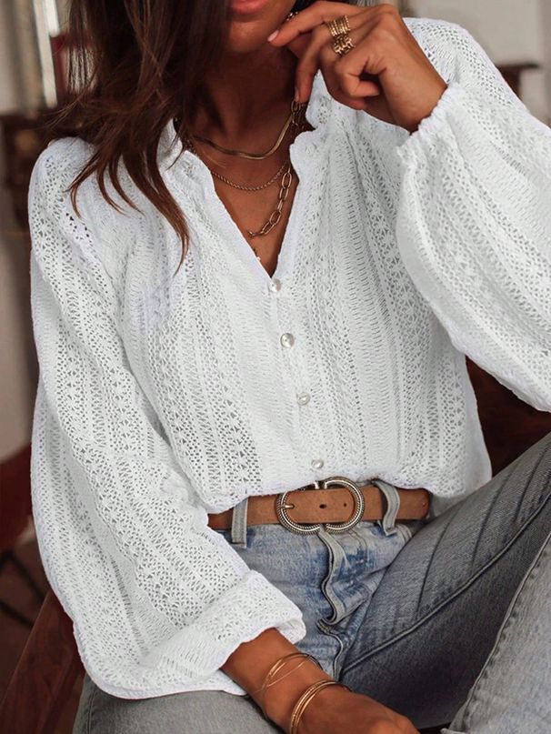 Women's Loose Fashionable V Neck Long Sleeve Shirt Hollow Out Lace Single Breasted Top Spring Autumn_ecoleips.com