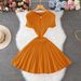 Women's Clothing Round Neck Short Sleeved Knitted Skirt Female Fashion Waist Slimming A Line Dress_ecoleips.com
