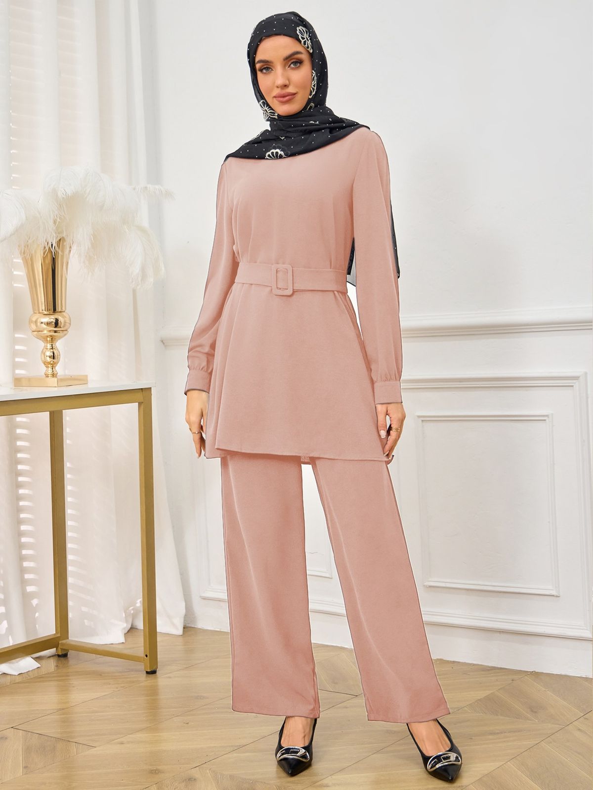 Middle Eastern Abayas Women's Elegant Two Piece Suit Draped Shirt And Fitted Wide Leg Trousers Muslim Fashion_ecoleips.com