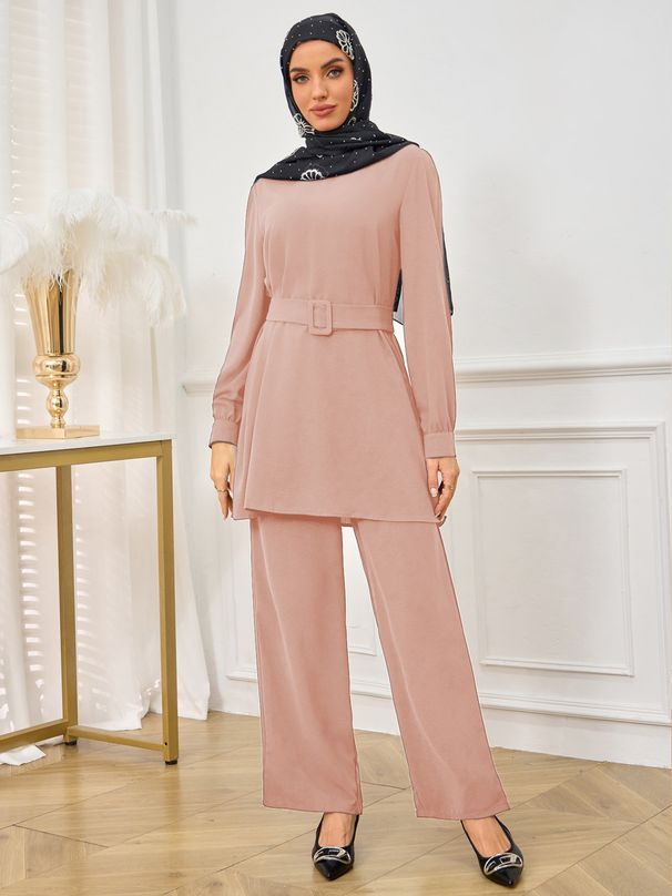 Middle Eastern Abayas Women's Elegant Two Piece Suit Draped Shirt And Fitted Wide Leg Trousers Muslim Fashion_ecoleips.com