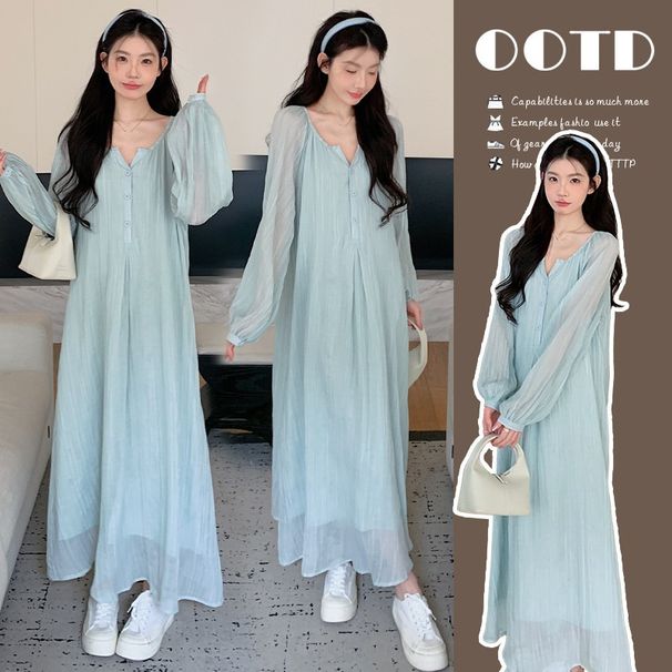Autumn New Korean Fashion High-Cut Long-Sleeve Chiffon Maternity Dress_ecoleips.com