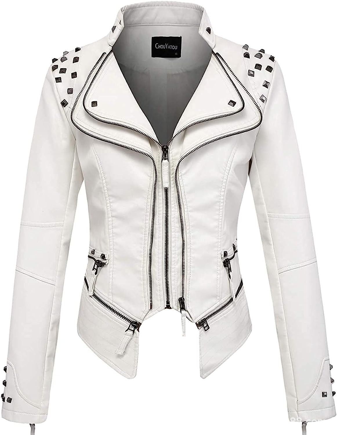 Women's Short PU Leather Jacket With Embroidery And Rivets, Slim Waist_ecoleips.com