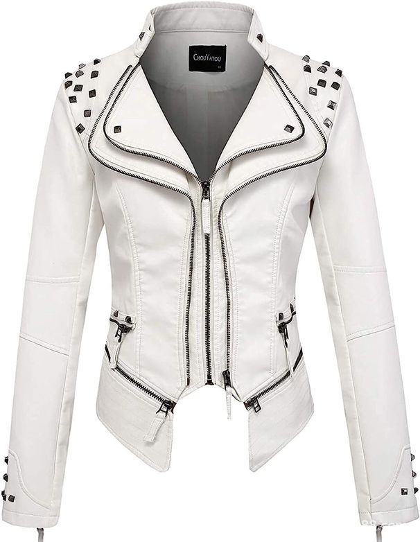 Women's Short PU Leather Jacket With Embroidery And Rivets, Slim Waist_ecoleips.com