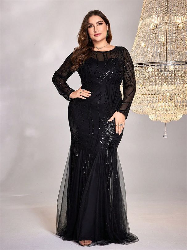 Cross-Border New Plus Size Elegant Long Sleeve Round Neck Slim Fit Mermaid Bridesmaid Banquet Toast Evening Dress For_ecoleips.com