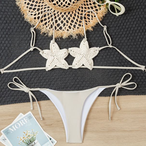 Women's Star Cutout Bikini Set Breathable Crochet Lace-Up Design Swimwear Sexy Beach And Pool Clothing Beige S to L_ecoleips.com