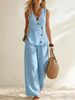 Breathable Summer Casual V-Neck Button Vest & Pants Set – Lightweight Comfort Outfit For Women_ecoleips.com