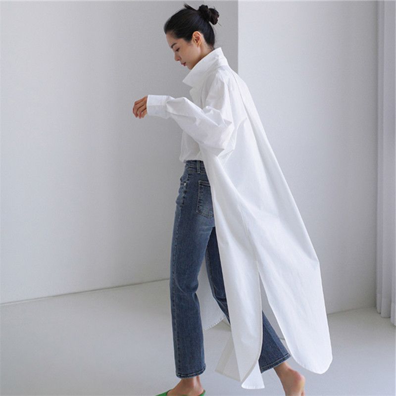 Women's Oversized Shirt Dress With Asymmetrical Slit Long Sleeve Casual Button Down Tunic Top, Lightweight Linen Blend Open Front Cover Up_ecoleips.com