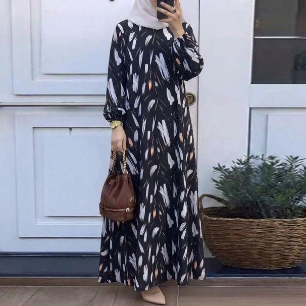 In Stock Cross-Border New Printed Middle Eastern Muslim Malay Full Sleeve Round Neck Robe Long Dress Factory Wholesale_ecoleips.com