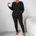 Women's Casual Ribbed Long Sleeve Top & Pants Set - Soft Stretch Polyester Blend, Comfortable Loungewear, Plus Size Available_ecoleips.com