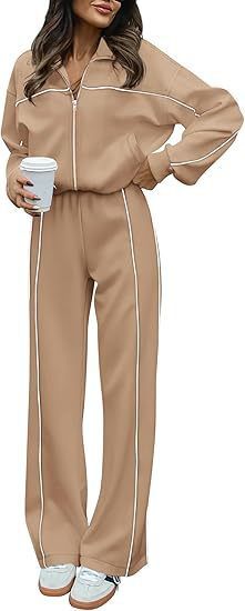 Women's Sportswear Set High Neck Long Sleeve Zip Up Sweatshirt Striped Trousers 2 Piece Casual Outfit European American Style For Autumn Winter_ecoleips.com
