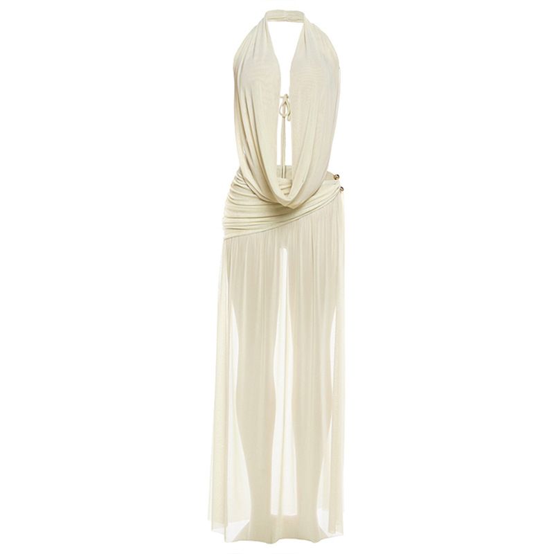 Spring Women's Halter Neck Deep V Backless Top with High Slit Long Skirt Set Sexy Clothing for Ladies_ecoleips.com