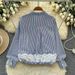 Women's Clothing Fashion Western Style Bow Lace Embroidery Striped Shirt Female Design Drawstring Waist Shirt Trendy_ecoleips.com