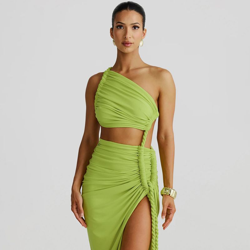 Women's One Shoulder Strapless Hollow Out Ruffled Dress Backless Tie Design Spring Summer Fashion New Arrival_ecoleips.com