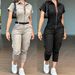 Women's Clothing Zipper Overalls Short Sleeved Lapel Multi Pocket Belt Jumpsuit_ecoleips.com