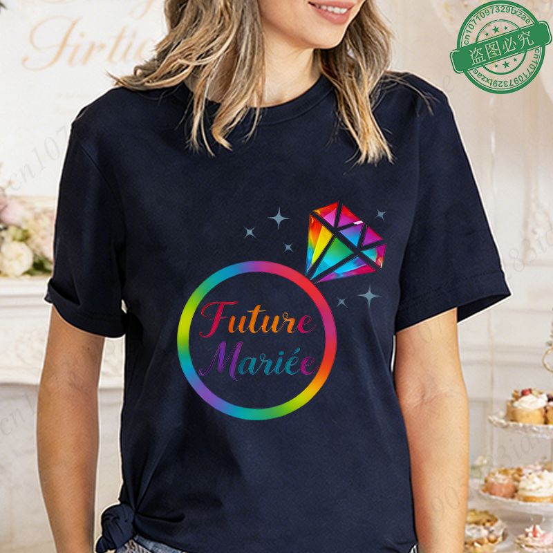 French Girls Bachelorette EVJF Party T-Shirts Rainbow Diamond Ring Graphic Future Bride Team Short Sleeve Tees For Bridal Shower_ecoleips.com