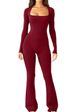 Women's Long Sleeved Jumpsuit Tummy Control High Elastic Wide Leg Square Neck Hip Lifting Cinching Waist Summer Jumpsuit_ecoleips.com