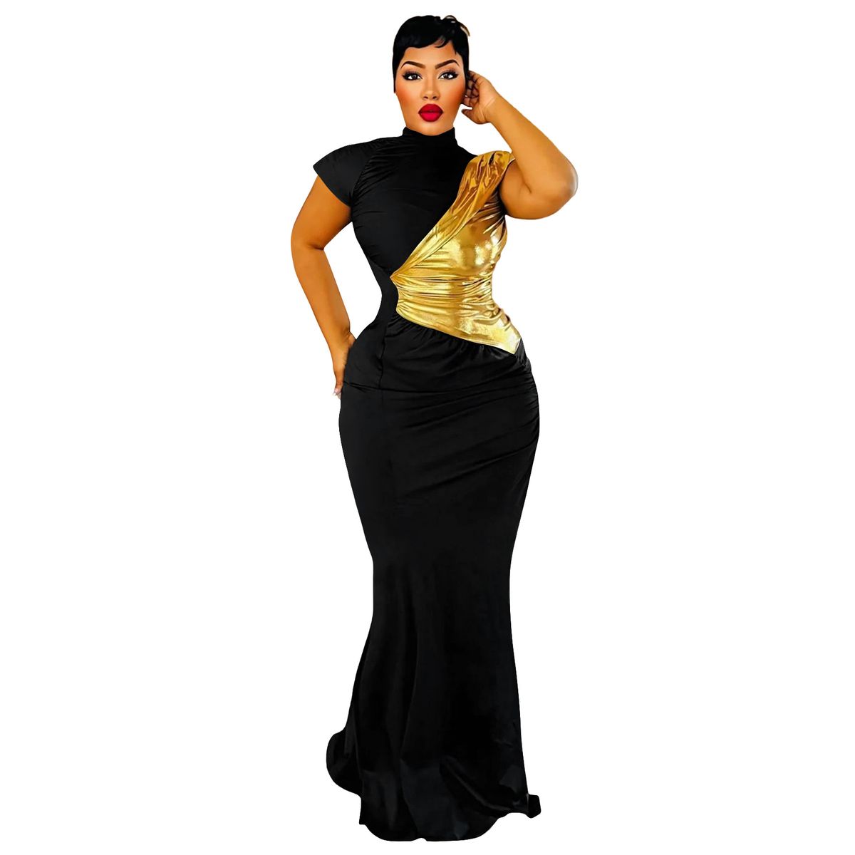 Women's Slim Fit Color Block Dress Gold Foil Detail European American Fashion Sexy Direct Factory Sale Amazon_ecoleips.com