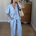 2025 Spring And Summer New Sweet Pure Color Suit Cotton V-neck Top Puff Sleeve Short Sleeve Long Pants Two-piece Suit_ecoleips.com