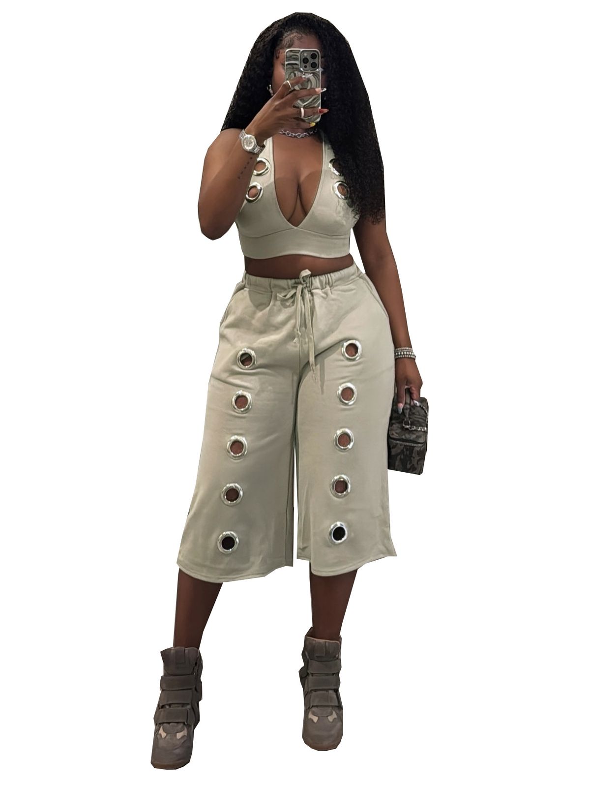 TW876 Trendy Sexy Two-Piece Set for Women European And American Style Wide Leg Pants with Eyelet Metal Buckle Cross Border Fashion_ecoleips.com