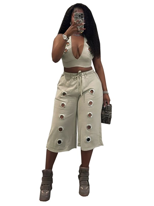 TW876 Trendy Sexy Two-Piece Set for Women European And American Style Wide Leg Pants with Eyelet Metal Buckle Cross Border Fashion_ecoleips.com