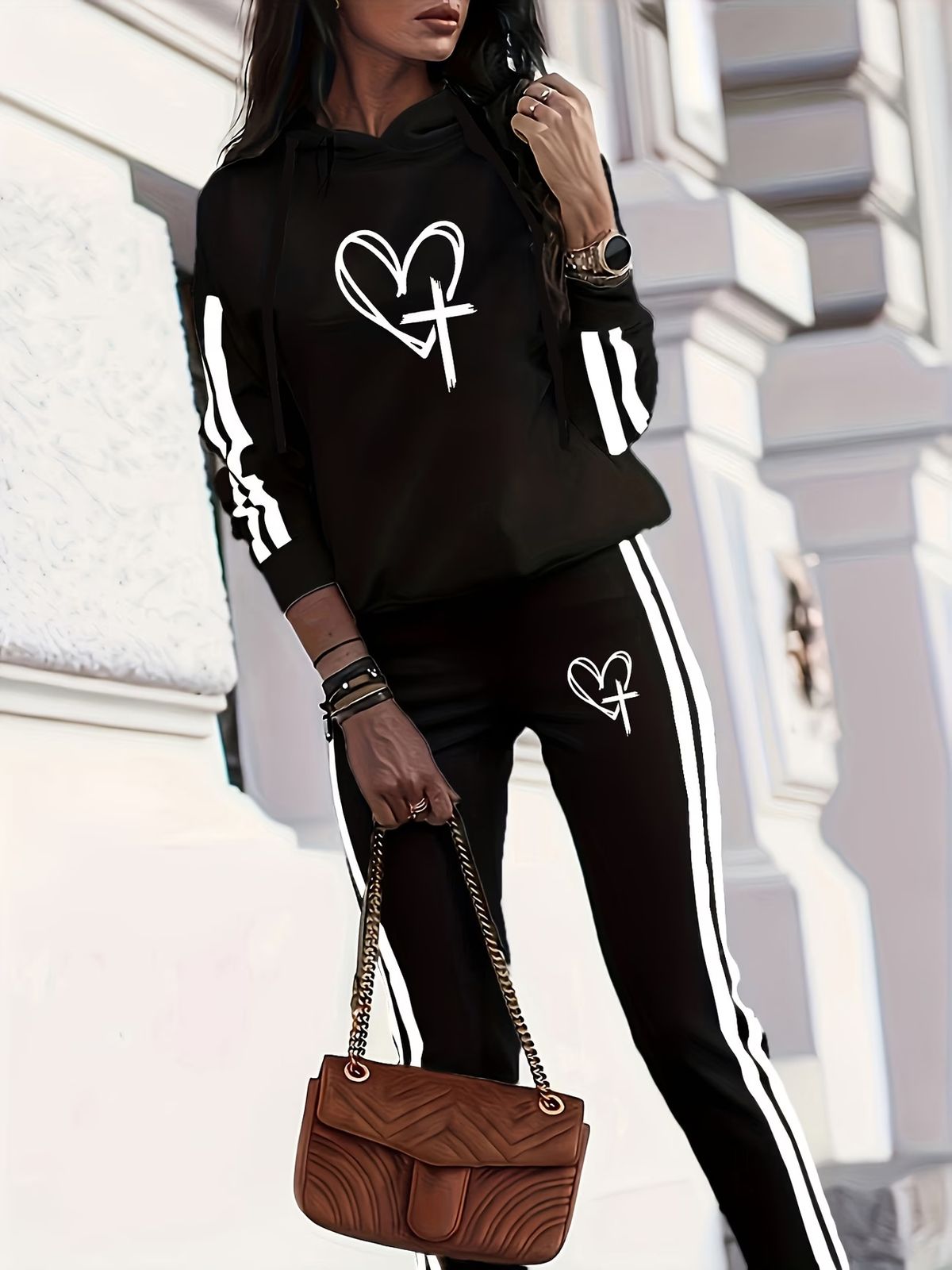 Retro Heart Patterned Hooded Set Long Sleeved Cross Over Side Stripe Print Spring/Autumn Summer Women's Fashion_ecoleips.com