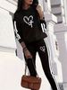 Retro Heart Patterned Hooded Set Long Sleeved Cross Over Side Stripe Print Spring/Autumn Summer Women's Fashion_ecoleips.com