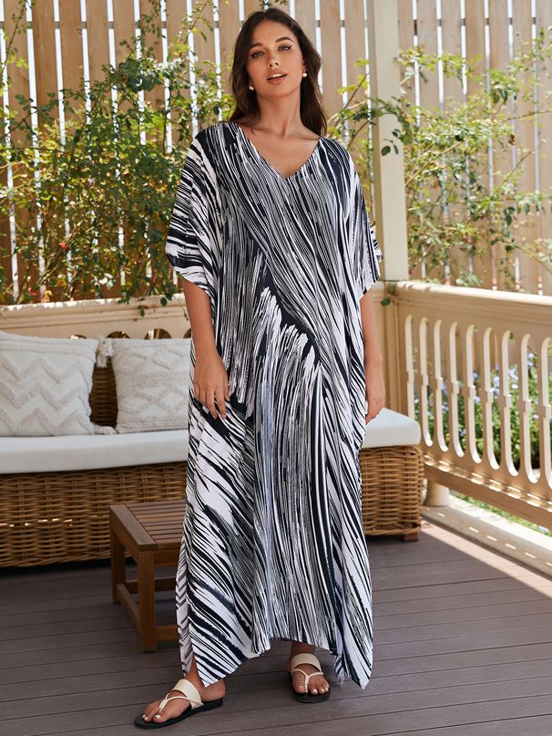 European And American Style Rayon Printed Beach Sun Protection Shirt Loose Dress Women's Bikini Swimsuit Cover up Cross Border E-Commerce_ecoleips.com