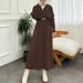 Women's Clothing Ladies' Middle Eastern Muslim Woolen Stripe Fashionable And Elegant Belted Dress_ecoleips.com