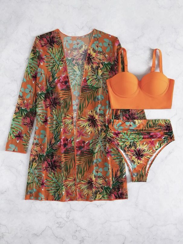 Women's Clothing Sexy Mesh Bikini Three Piece Gathered Split Printed Swimsuit Female_ecoleips.com