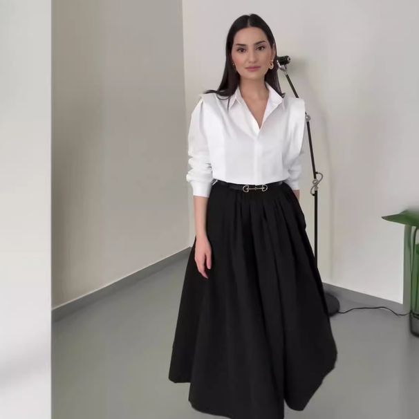 Women's Clothing all match solid color shirt high waist large swing skirt two piece suit_ecoleips.com