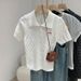 Women's Knit Short-Sleeve Blouse – White Lapel Top With Bow Embroidery, Lightweight Summer Office Wear (One Size Fits S-M)_ecoleips.com