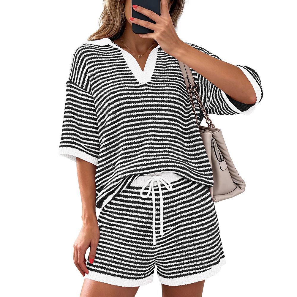 Women's Casual Striped Sweater Set Short Sleeve Spring Summer New Arrival Clothing_ecoleips.com