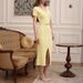 Women's Clothing Slim Fit Long Dress Spring Summer Russian Knitted V Neck Single Breasted Short Sleeve_ecoleips.com