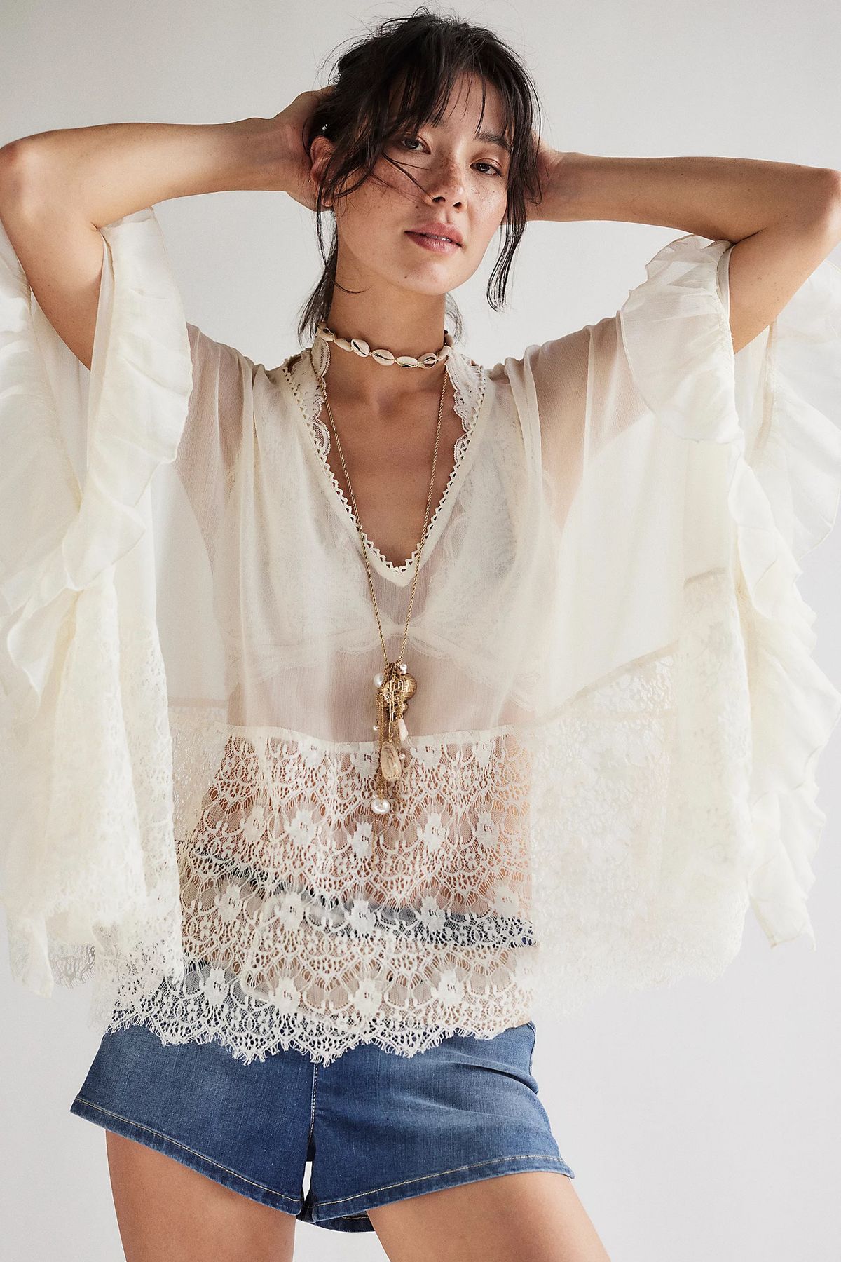 New Spring Summer Top Mesh Cover-Up Women Batwing Sleeve Beach Loose Sun Protection Shirt Lace Patchwork Blouse_ecoleips.com